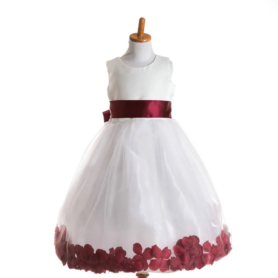 T062 детское платье-рубашка без рукавов, нарядная праздничная одежда Детские модные красивые белые платья с цветочным узором для девочек бордовые лепестки для свадьбы