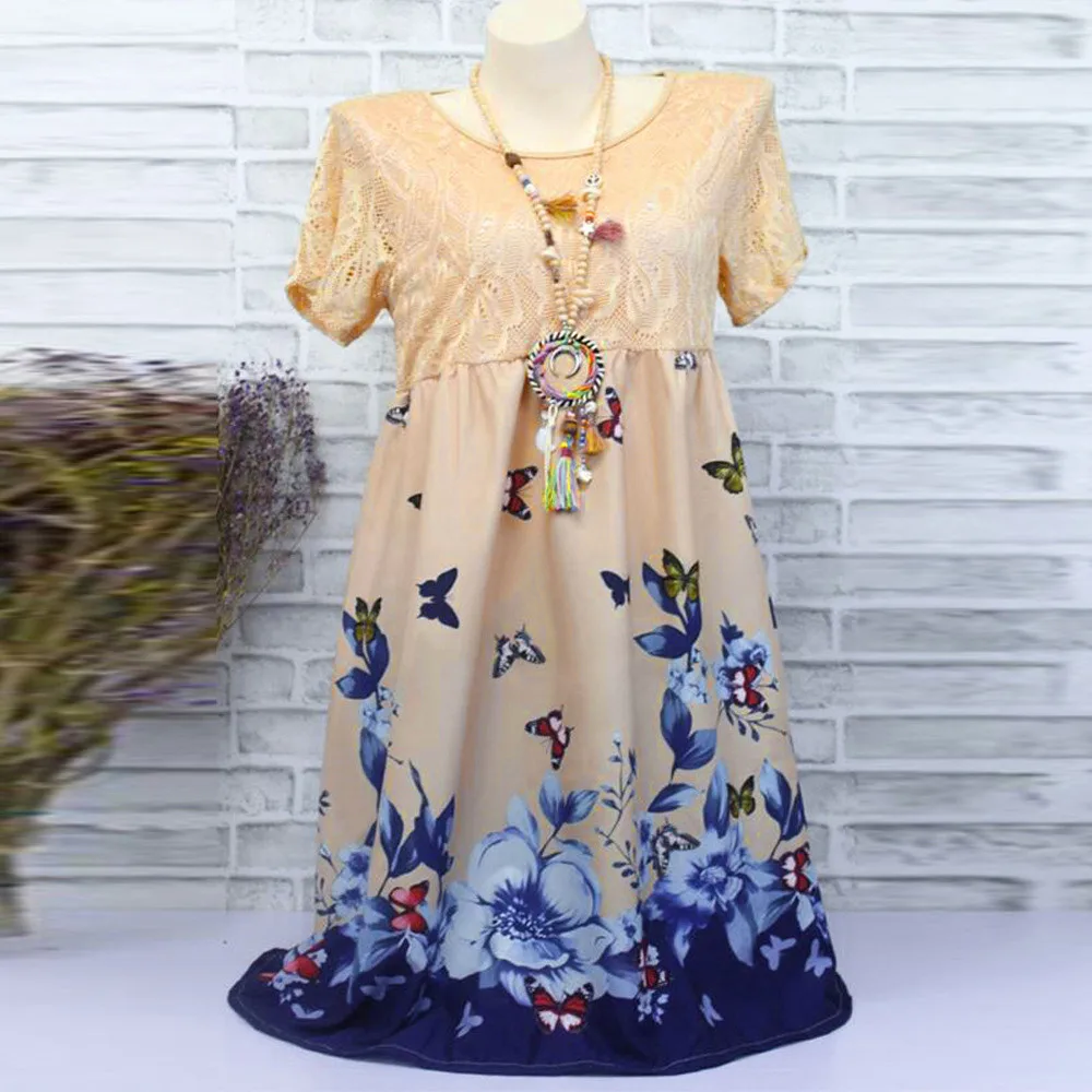 

2019 Fashion Women Floral Printed Plus Size Short Sleeve Lace Stitching Loose cover up beach dress vestito spiaggia strand