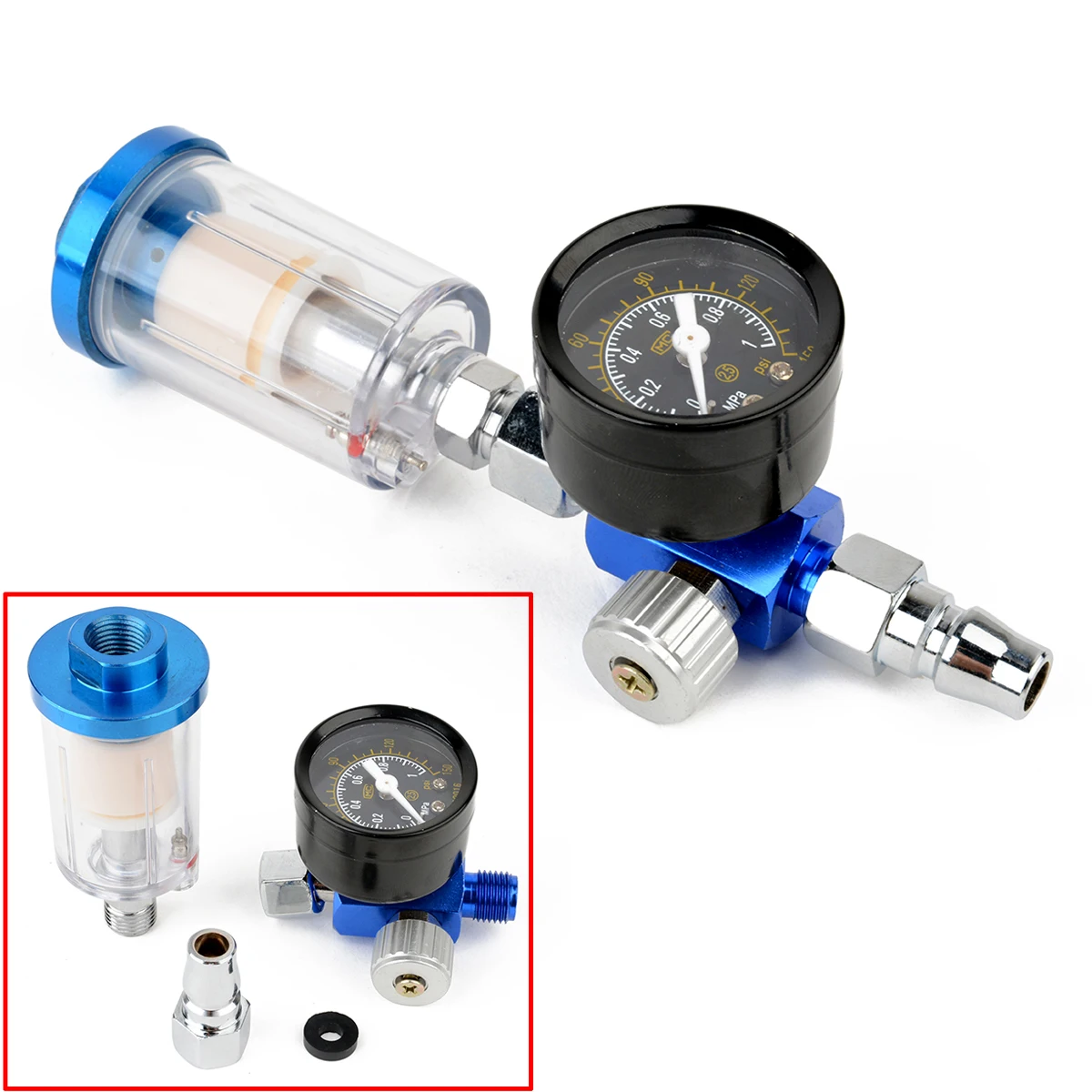 1/4" Scratch Air Pressure Regulator Gauge Spray Tool & In-Line Water Trap Filter Tool 0-140PSI/10Bar Oil-water Separator