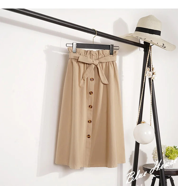 Лето-осень, женские юбки, миди, длиной до колена, Корейская элегантная юбка на пуговицах с высокой талией, Женская плиссированная школьная юбка