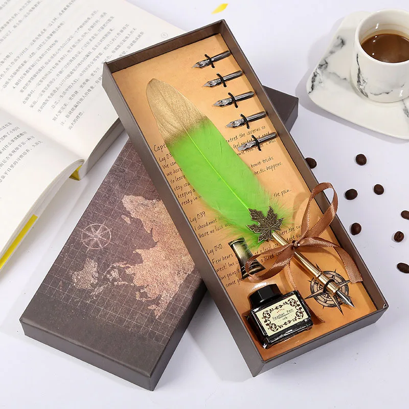Светло-зеленый Dip ink Quill винтажная перьевая ручка креативный офисный бизнес подарок письмо каллиграфия ручка Роскошная металлическая авторучка Подарочная коробка набор - Цвет: Светло-зеленый