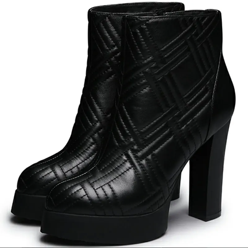 

High Heel Winter Women Boots Square Heel Shoes Woman Lady Pumps Zipper Grid Platform Motorcycle Boot Short Plush Chaussure Femme