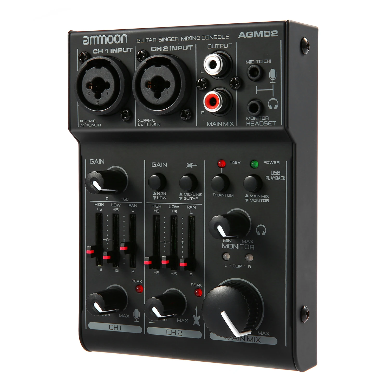 ammoon AGM02 2-Channel Sound Card Mixing Console Digital Audio Mixer 2-band EQ Built-in 48V Phantom Power 5V USB Powered