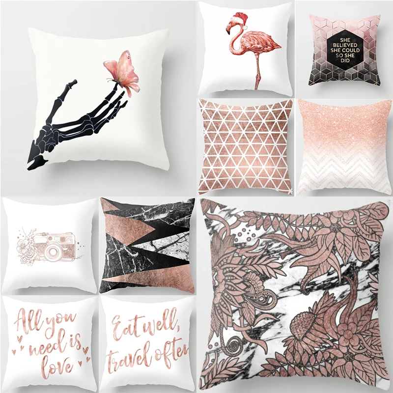 

Violet Flowers Printed Pink Geometric Polyester Cushion Cover Lines Letters Throw Pillow Covers Rock Texture Pillowcases Decor