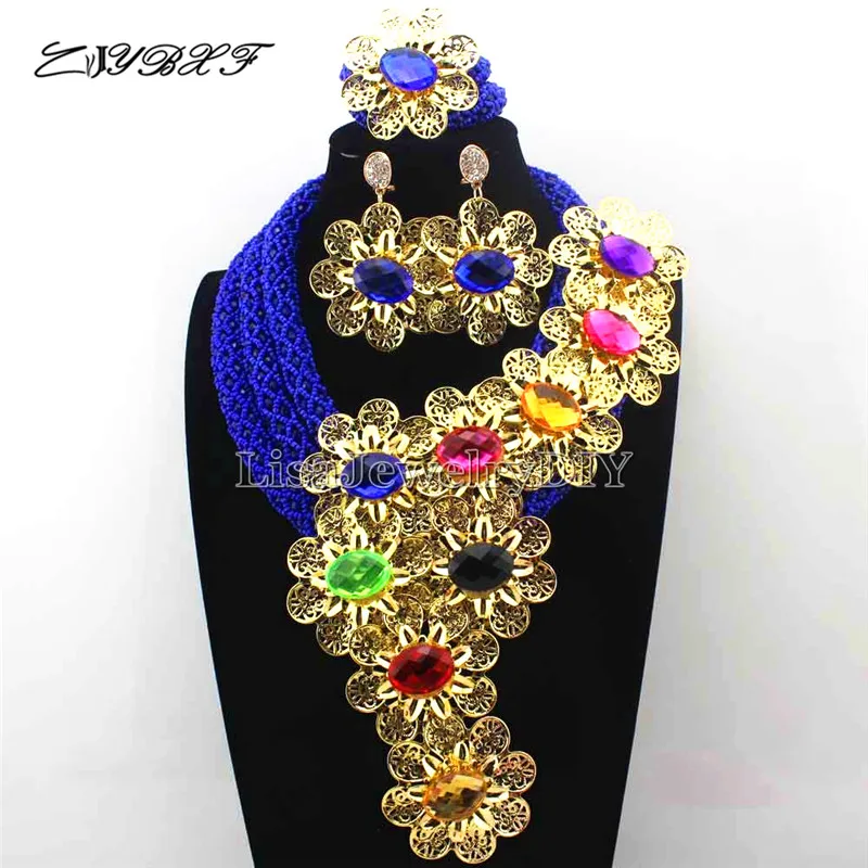 

Splendid Royal blue Crystal Statement Necklace Set Wedding African Flower Jewelry Set for Women Free Shipping L1125