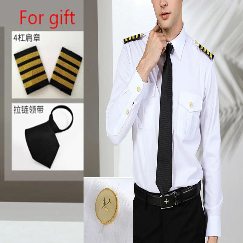 Мужская белая униформа пилота самолета с коротким рукавом и пуговицами для волос, модная облегающая черная рабочая одежда большого размера - Цвет: four lines long