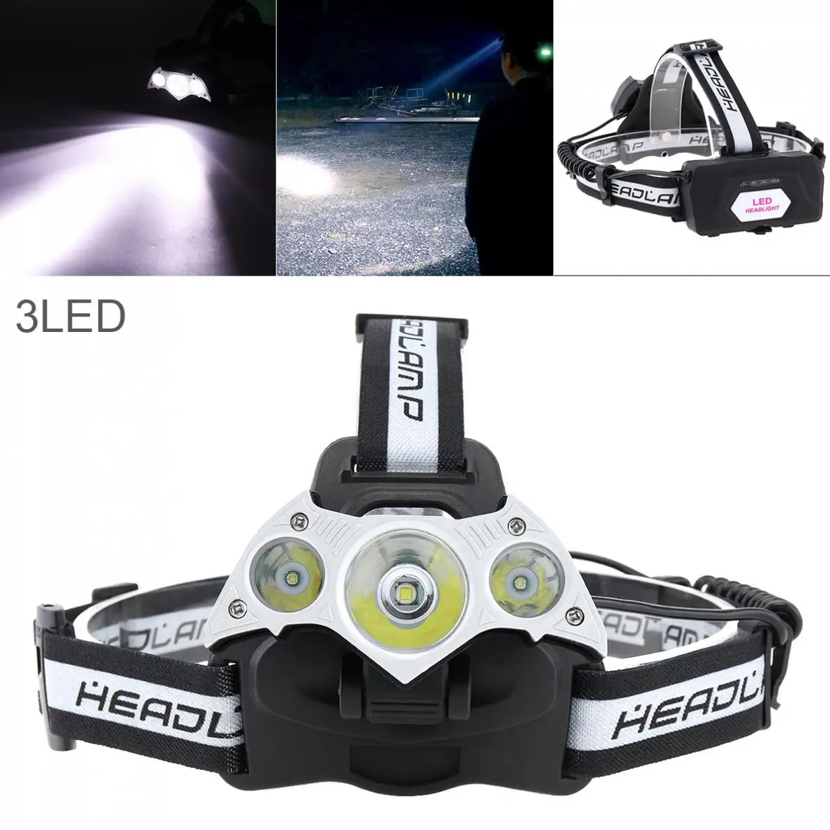 

20W LED Headlight 800LM Headlamp Waterproof Zoom Fishing Headlight Torch Flashlight with 2x18650 Li-ion Battery with USB Cable