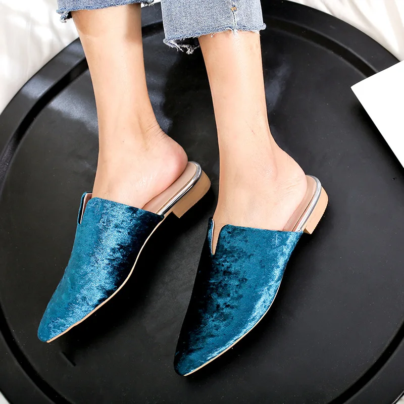 

Peacock blue Summer new pointed thick Heel woman shoes outside wearing a half drag elegant lady pink sandals temperament