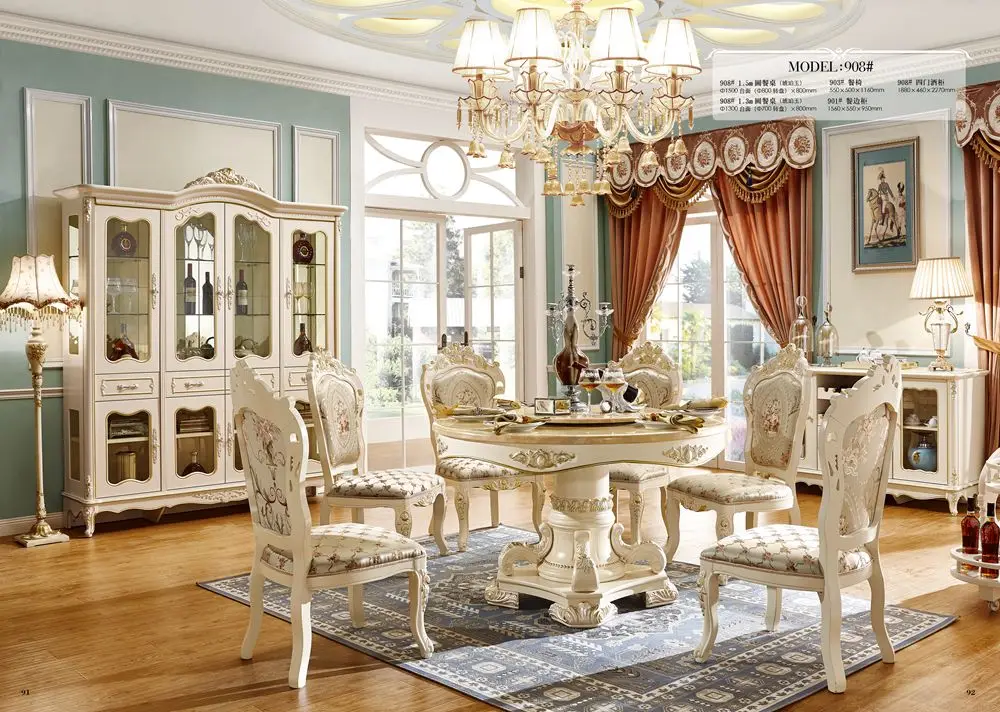 cheap price high quality royal wood design dining table sets white furniture set with chairs in China
