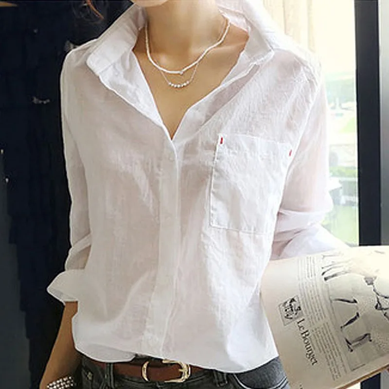 

Women Summer Linen White Solid Blouse Shirt Korean Style Casual Tops Female Fashion Camisa V-Neck Blouses