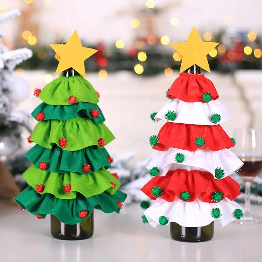

Christmas Wine Bottle Decor Set Christmas Tree Elf Wine Bottle Cover Clothes Kitchen Decoration for New Year Xmas Dinner Party
