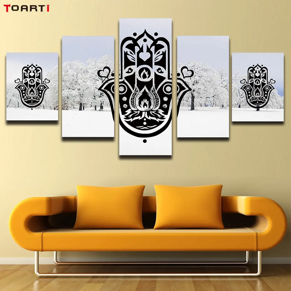 

5 Pieces paintings Modular mandala hands pictures art murals living room snow background islamic muslim arabic wall poster print