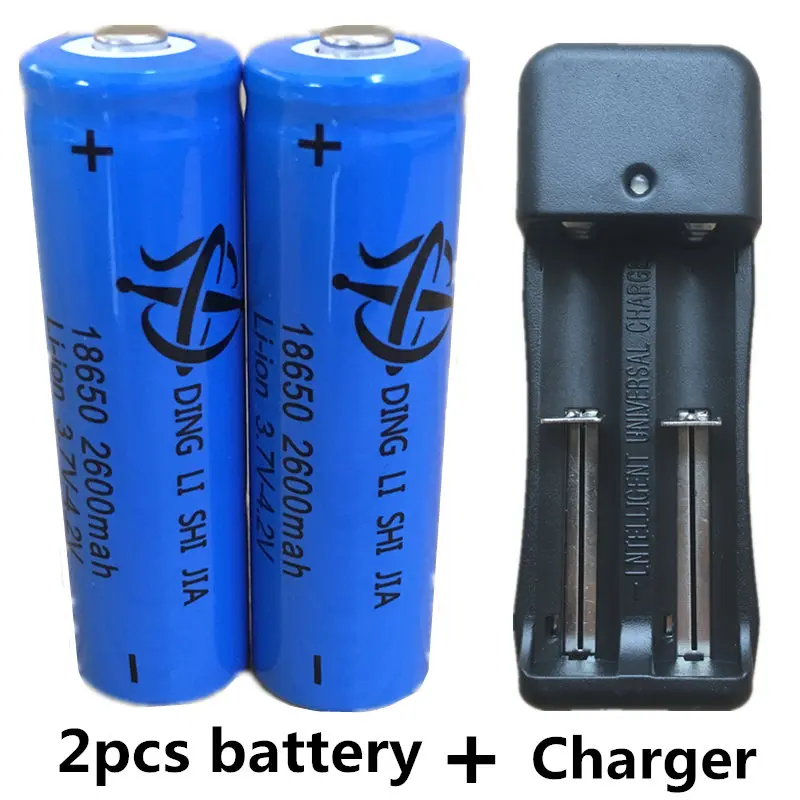 

New 2pcs 18650 Rechargeable Battery 2600mAh 3.7V Lithium ion batteries For 4.2v Flashlight Battery+EU Plug Dual Battery Charger