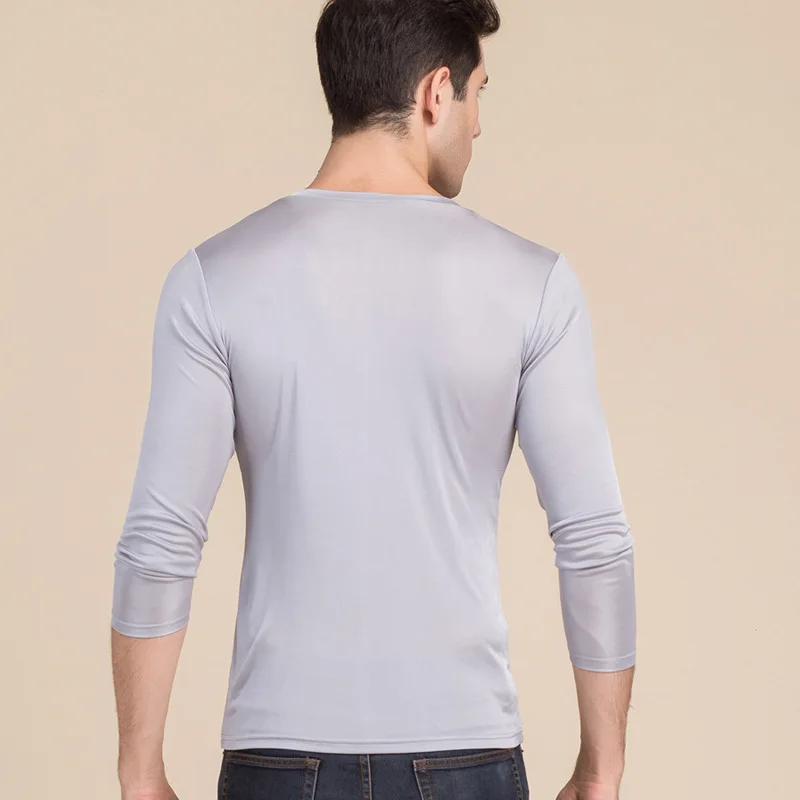 Мужская шелковая двойная трикотажная футболка с v-образным вырезом и длинными рукавами, натуральный шелк, мужское пальто, блуза большого размера