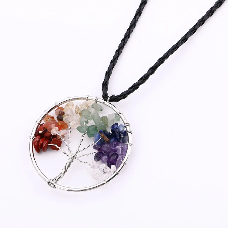 

LJHMY Natural Gravel Tree of life Colorful Natural stone Leather rope Fortune Tree necklace