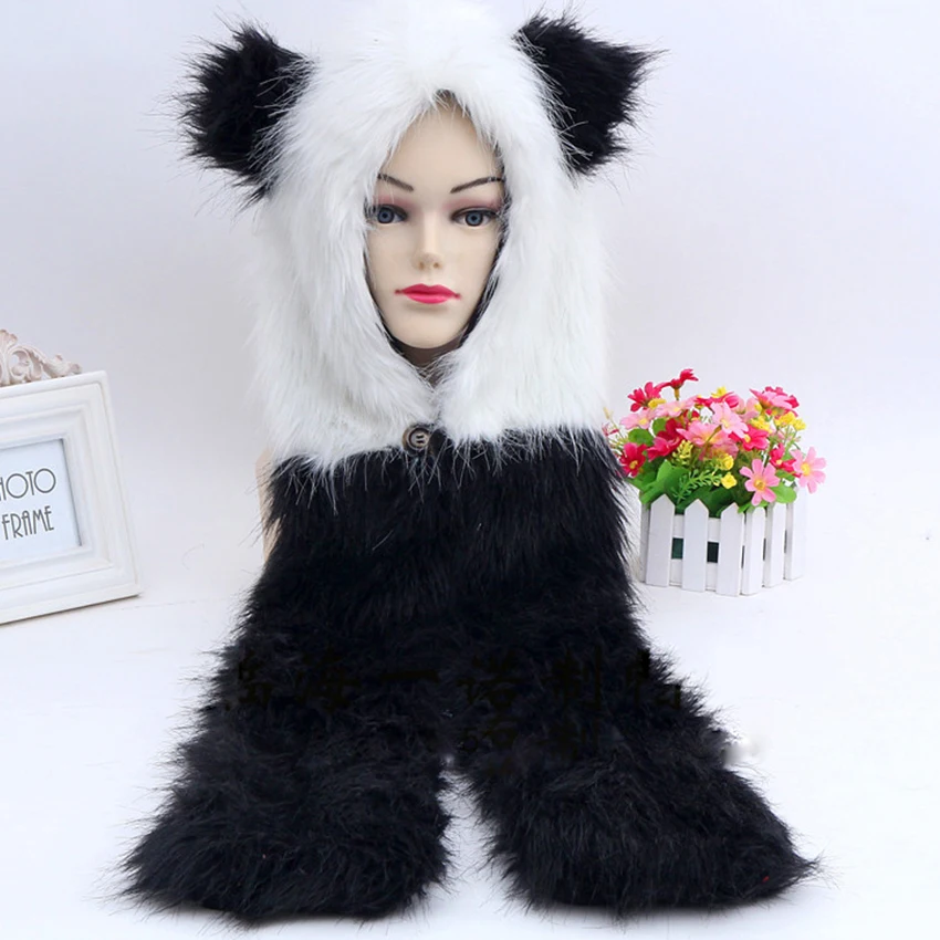

2016 new winter panda white black cute animal feux fur hat cap