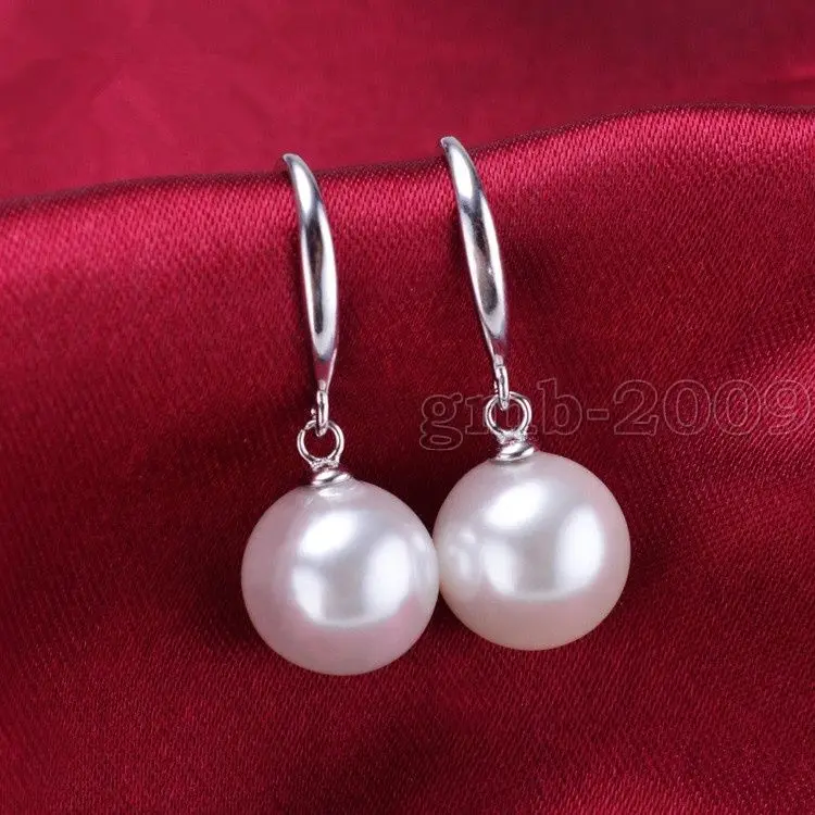 

Genuine 10mm Round White South Se Shell Perl Sterling Silver Errings Water drop 925 silver Fine Jewelry