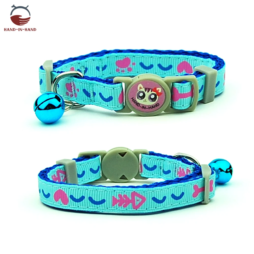 Cat Collar Pet Product Collar Safety Buckle Quick Release Cartoon printed Collar - Цвет: Blue Fishbone