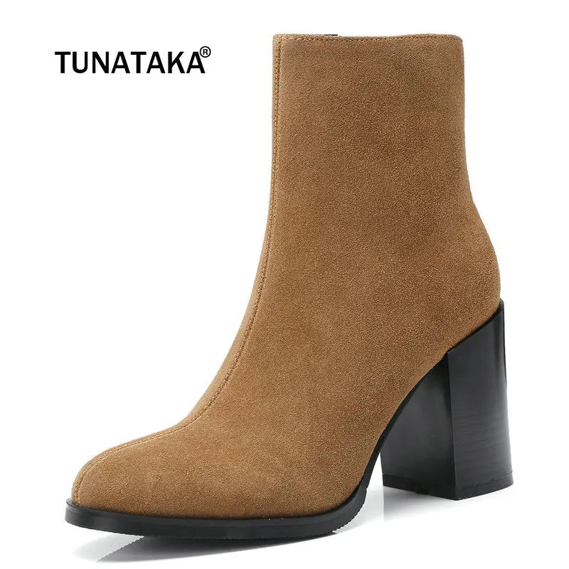 

Women Suede Square Heel Ankle Boots Fashion Zipper Round Toe Fall Winter Bootie Black Brown