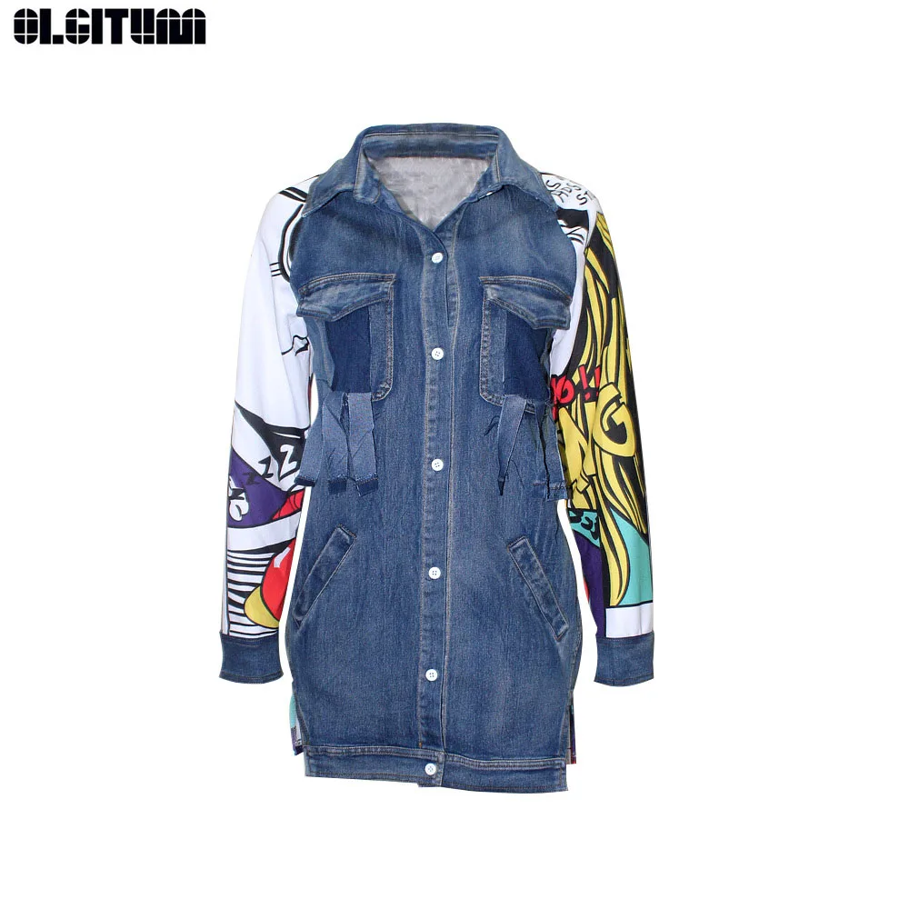 

2019 New Lapel Printed Cowboy Split Joint Loose Long Big Size Denim Jacket Women Spring Coat Fashion Tide JK713