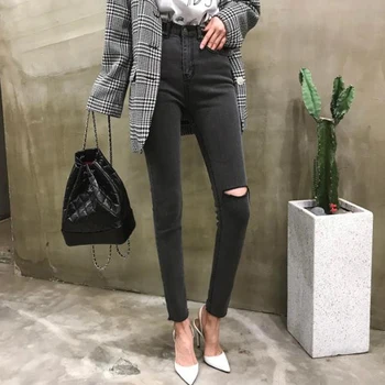 

BGTEEVER Streetwear Holes Jeans Women Casual Pocket Skinny Pencil Pants Destroyed Ripped Denim Jean Female Trousers 2019