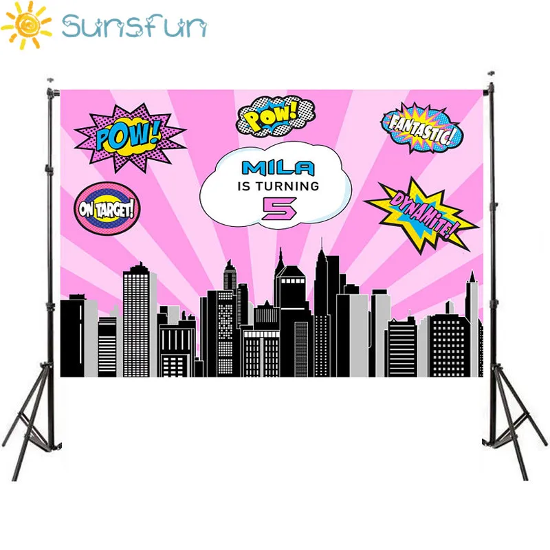 

Sunsfun 7x5ft Pink Vinyl Photography Background Superhero City Theme For Studio Photo Props Photographic Backdrops for Girls