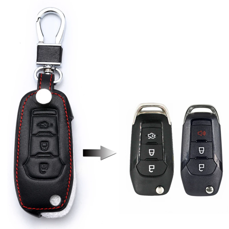 

For Ford F-150 250 350 Explorer Ranger KA Fiesta Mondeo Eco Sport 1 Pcs Car Key Case Cover Leather Key Bag 3Buttons Holder Chain