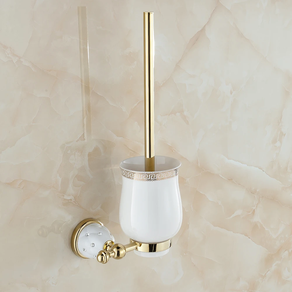 Billige Wc bürstenhalter Gold Überzogene Wand montiert Wc Pinsel Halter Mit Keramik Tasse Haushalts Produkte Bad Hardware sets 5209