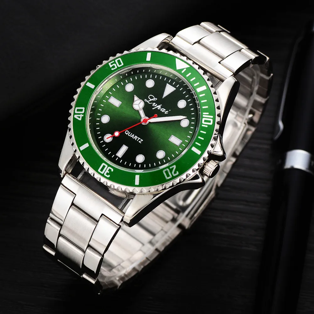Роскошные серебряные мужские нарядные часы зеленого цвета из нержавеющей стали Кварцевые мужские водонепроницаемые повседневные деловые мужские наручные часы бренд R