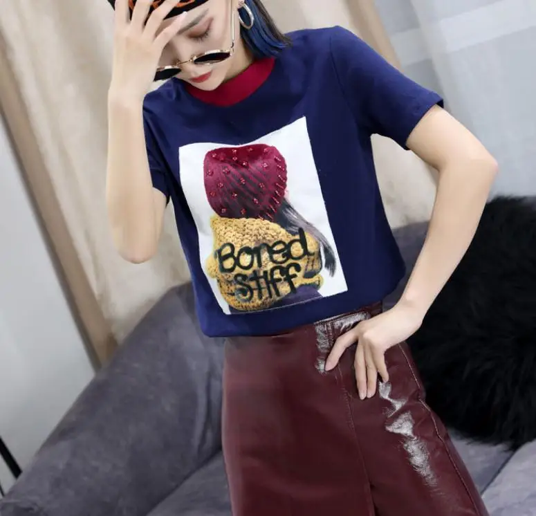 Short Sleeve Tee Woman 2019 Summer Splicing O-neck Printing Beaded T Shirt Women Pure Cotton T-shirt Girls Student T-shirts Tops Short Sleeve Tee Woman 2019 Summer Splicing O-neck Printing Beaded T Shirt Women Pure Cotton T-shirt Girls Student T-shirts Tops