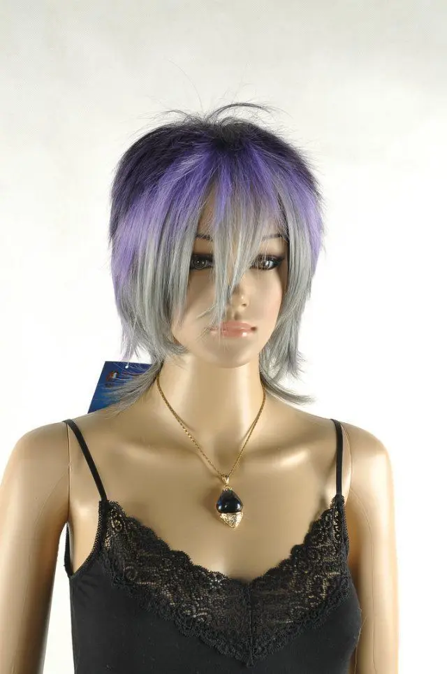 NEW purple/gray mixed short straight cosplay wig +gift |