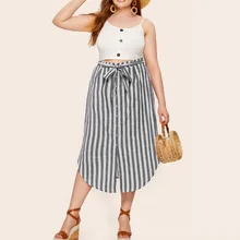 Большие размеры Женская мода Повседневная пляжная зашнуровать в полоску с карманами элегантная миди Талия Макси юбка 50