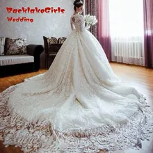 Luxurious Long Sleeve Lace Ball Gown Wedding Dresses 2017 Custom made Royal Train vestido de noiva New O Neck Tulle Wedding Gown