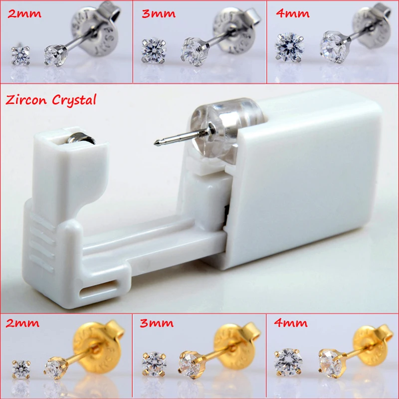 

2Pieces Safe No Pain Sterile Ear Stud Piercing Gun Tool Kit Build In Surgical Steel Zircon Stone Stud Earring
