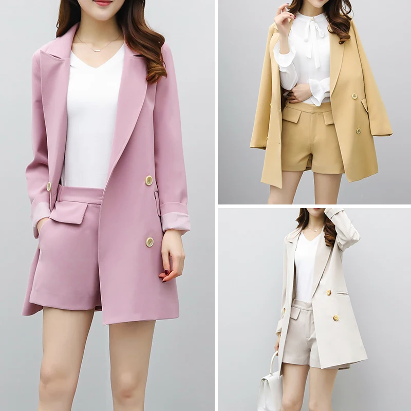 Hot Selling new 2017 Solid color long suit jacket shorts Set ladies