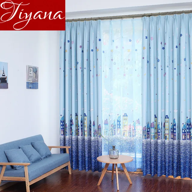 cartoon voile curtains printed stars catle window panel yarn kids