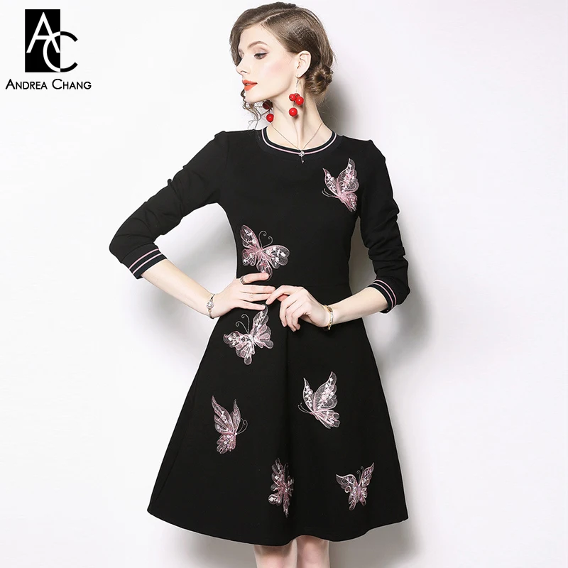 

S-XXL spring autumn woman dress pink butterfly pattern embroidery black dress fashion cute a-line above knee high quality dress