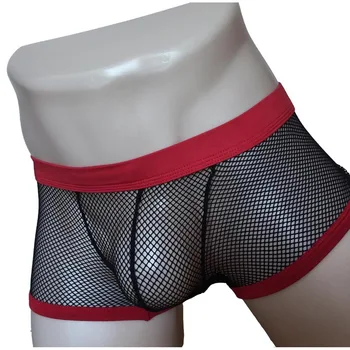 

Men's Red Trim See Through Openwork Mesh Boxer Briefs Sheer Bulge Pouch Underwear Gay Sexy Lingerie