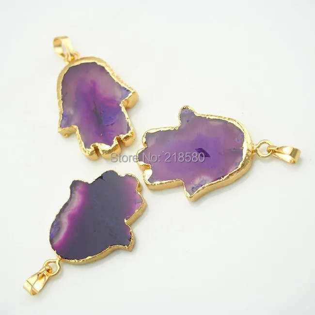 

C150211013 Purple Agates Hamsa Hand Pendant with Electroplated Gold Edges Gold Electroplated Cap and Bail