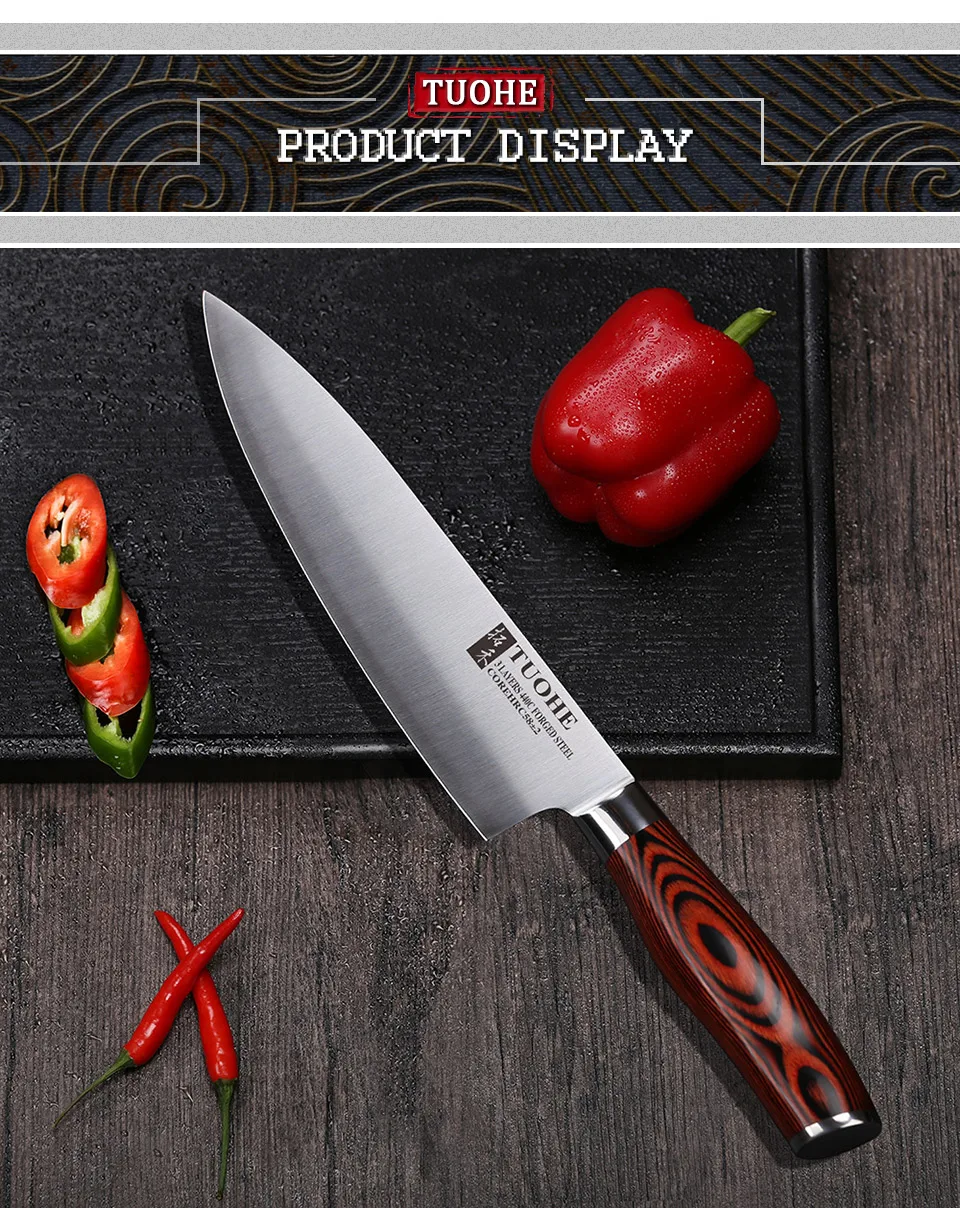 TUOHE " Профессиональный кухонный нож очень острый 3 слоя 440C нож шеф-повара из нержавеющей стали резак для мяса/овощей Кухонные столовые приборы