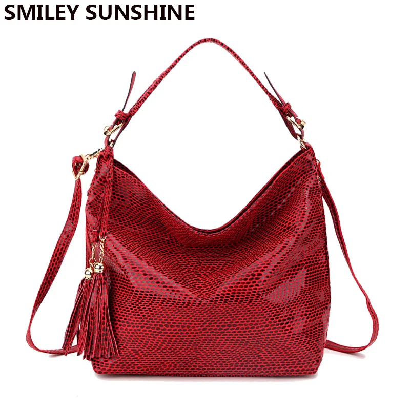 cheap SMILEY SUNSHINE snake leather women shoulder bag 2018 female serpentine pattern hobos bag tassel women handbag big red hand bags