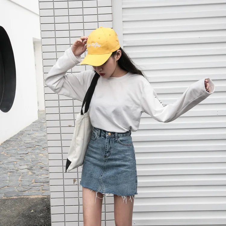 Корейский стиль для женщин джинсовая юбка высокая талия уличная весна женская летняя сексуальная Jupe трапециевидная мини однотонная черная джинсовая юбка