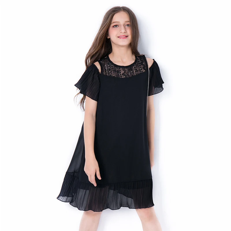 Big Girls Black Chiffon Dress 2018 Summer New Fashion Short Sleeve Knee ...