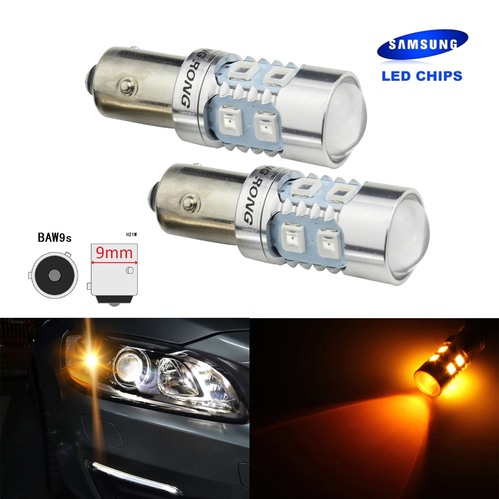 ANGRONG 2x HY21W BAW9s LED Light Amber Indicator Revese Turn Signal