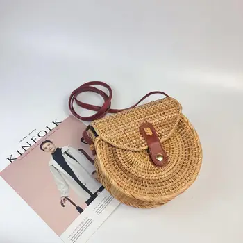 

Fashion ladies bag hand-woven shoulder bag round handbag solid color Messenger bag Rattan Straw Beach Crossbodybag Dropship Y521