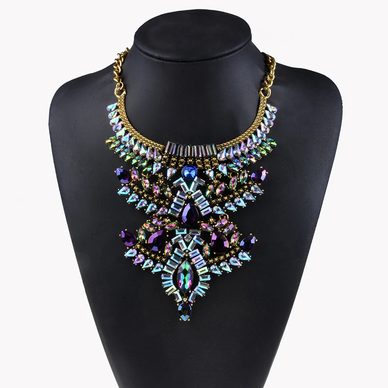 

Multicolored Luxury Bridal Maxi Tribal Rhinestone Pendant Necklace For Women Multilayer Big Crystal Stone Femme Collar Choker