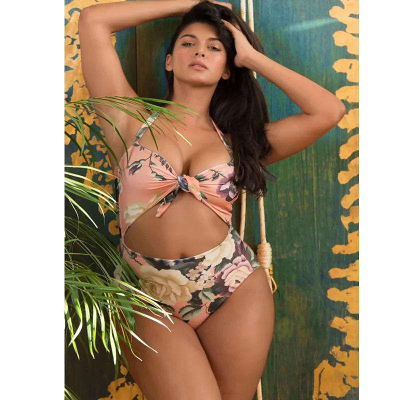 

Plus Size Swimsuit 2019 New Charmming Pink Swimming Suit Beachwear High Waist Suit Tie Top Swim Summer Swimwear Hanger Bikini