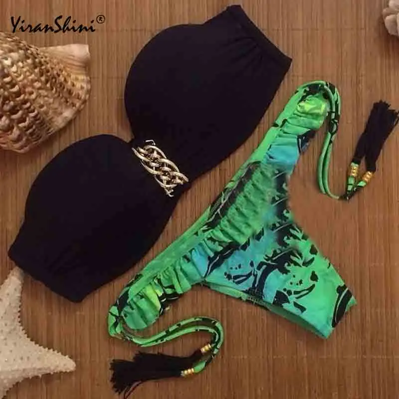 

YIRANSHINI Brazilian Bikini Set Black Green Printed Bathing Suit Halter Sexy Backless Swimwear Swimsuit Biquinis Maillot De Bain