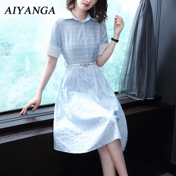 

Blue Striped Shirt Dress Women Belted Button Up Short Sleeve Lace Patchwork Dress 2018 Summer Office Work Wear Dresses S-XL