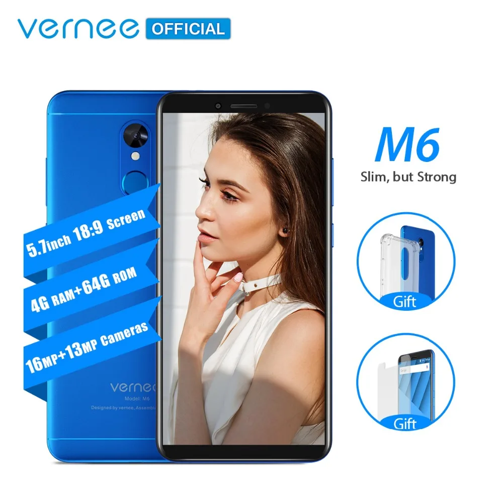 Vernee M6 4GB 64GB Smartphone Ultra 5.7inch cellphone 4G LTE Android 7.0 Phone with 13MP Selfie Camera 16MP Cameras Fingerprint